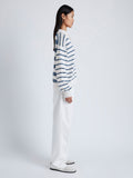 Side image of model wearing Stripe Murphy Sweater in Cotton Cashmere in CHALK/SLATE