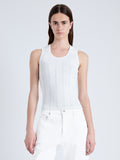 Front cropped image of model wearing Perry Knit Top in Compact Pointelle Rib in OFF WHITE