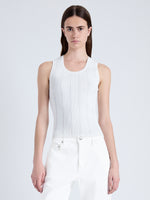 Front cropped image of model wearing Perry Knit Top in Compact Pointelle Rib in OFF WHITE