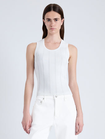 Front cropped image of model wearing Perry Knit Top in Compact Pointelle Rib in OFF WHITE