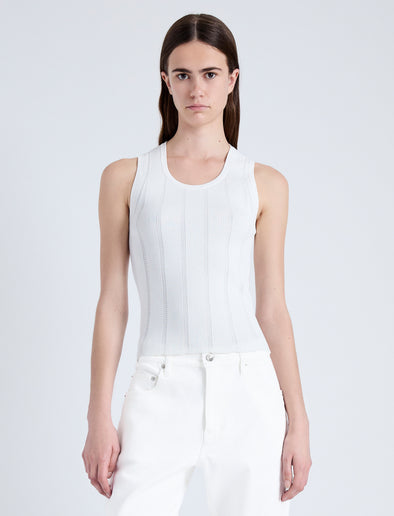 Front cropped image of model wearing Perry Knit Top in Compact Pointelle Rib in OFF WHITE