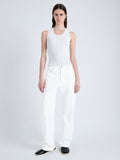 Front full length image of model wearing Perry Knit Top in Compact Pointelle Rib in OFF WHITE