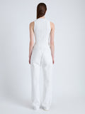 Back full length image of model wearing Perry Knit Top in Compact Pointelle Rib in OFF WHITE