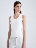 Detail image of model wearing Perry Knit Top in Compact Pointelle Rib in OFF WHITE