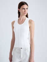 Detail image of model wearing Perry Knit Top in Compact Pointelle Rib in OFF WHITE