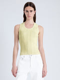 Front cropped image of model wearing Perry Knit Top in Compact Pointelle Rib in pale yellow