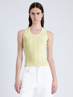 Front cropped image of model wearing Perry Knit Top in Compact Pointelle Rib in pale yellow