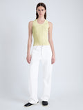 Front image of model wearing Perry Knit Top in Compact Pointelle Rib in pale yellow