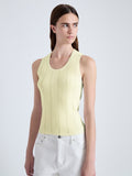 Detail image of model wearing Perry Knit Top in Compact Pointelle Rib in pale yellow