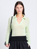 Front cropped image of model wearing Agnes Polo in Zig Zag Pointelle in PISTACHIO