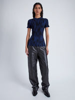 Front image of model wearing Foster Knit Top in Printed Rib in navy/black