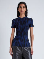 Cropped front image of model wearing Foster Knit Top in Printed Rib in navy/black