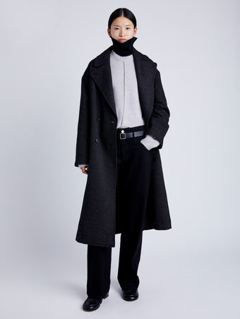 Proenza Schouler Front full length image of model wearing Ronan Coat in Soft Twill Coating in BLACK/GREY