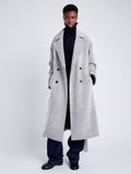 Proenza Schouler Front full length image of model wearing Ronan Coat in Soft Twill Coating in WHITE/GREY