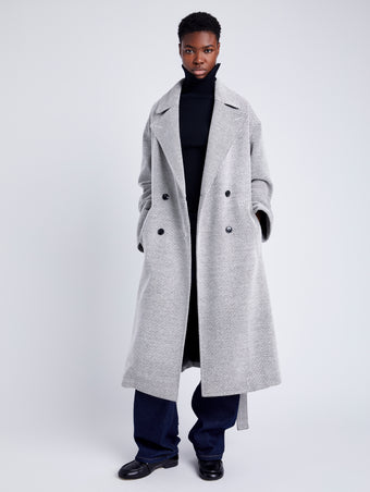 Proenza Schouler Front full length image of model wearing Ronan Coat in Soft Twill Coating in WHITE/GREY