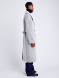 Proenza Schouler Side full length image of model wearing Ronan Coat in Soft Twill Coating in WHITE/GREY