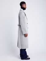 Proenza Schouler Side full length image of model wearing Ronan Coat in Soft Twill Coating in WHITE/GREY