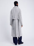 Proenza Schouler Back full length image of model wearing Ronan Coat in Soft Twill Coating in WHITE/GREY