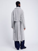 Proenza Schouler Back full length image of model wearing Ronan Coat in Soft Twill Coating in WHITE/GREY