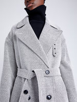 Proenza Schouler Detail image of model wearing Ronan Coat in Soft Twill Coating in WHITE/GREY