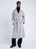 Proenza Schouler Front full length image of model wearing Ronan Coat in Soft Twill Coating in WHITE/GREY