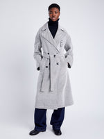 Proenza Schouler Front full length image of model wearing Ronan Coat in Soft Twill Coating in WHITE/GREY