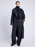 Proenza Schouler Front full length image of model wearing Constance Coat in Pinstripe Wool Cashmere in DARK GREY MELANGE