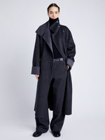 Proenza Schouler Front full length image of model wearing Constance Coat in Pinstripe Wool Cashmere in DARK GREY MELANGE