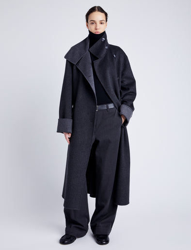 Proenza Schouler Front full length image of model wearing Constance Coat in Pinstripe Wool Cashmere in DARK GREY MELANGE