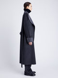 Proenza Schouler Side full length image of model wearing Constance Coat in Pinstripe Wool Cashmere in DARK GREY MELANGE