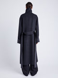 Proenza Schouler Back full length image of model wearing Constance Coat in Pinstripe Wool Cashmere in DARK GREY MELANGE