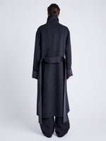 Proenza Schouler Back full length image of model wearing Constance Coat in Pinstripe Wool Cashmere in DARK GREY MELANGE