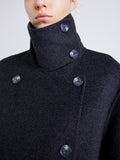 Proenza Schouler Detail image of model wearing Constance Coat in Pinstripe Wool Cashmere in DARK GREY MELANGE