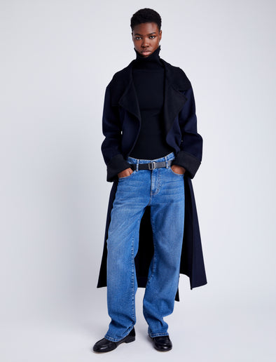 Proenza Schouler Front full length image of model wearing Constance Coat in Pinstripe Wool Cashmere in NAVY MELANGE