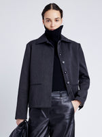 Proenza Schouler Front cropped image of model wearing Sawyer Jacket in Gabardine in SHADOW