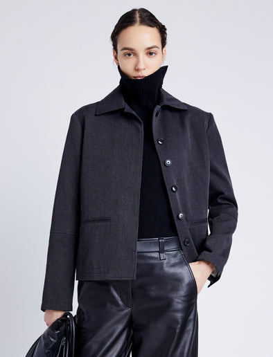 Proenza Schouler Front cropped image of model wearing Sawyer Jacket in Gabardine in SHADOW