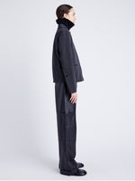 Proenza Schouler Side full length image of model wearing Sawyer Jacket in Gabardine in SHADOW