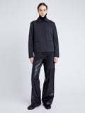 Proenza Schouler Front full length image of model wearing Sawyer Jacket in Gabardine in SHADOW 