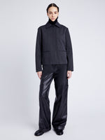 Proenza Schouler Front full length image of model wearing Sawyer Jacket in Gabardine in SHADOW 