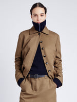 Proenza Schouler Front cropped image of model wearing Sawyer Jacket in Gabardine in DARK BIRCH