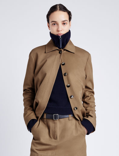 Proenza Schouler Front cropped image of model wearing Sawyer Jacket in Gabardine in DARK BIRCH