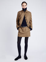 Proenza Schouler Front full length image of model wearing Sawyer Jacket in Gabardine in DARK BIRCH