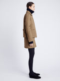 Proenza Schouler Side full length image of model wearing Sawyer Jacket in Gabardine in DARK BIRCH