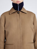 Proenza Schouler Detail image of model wearing Sawyer Jacket in Gabardine in DARK BIRCH