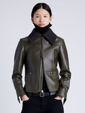 Proenza Schouler Front cropped image of model wearing Vaughn Jacket in Lightweight Leather in DARK FERN