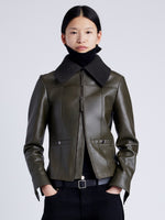 Proenza Schouler Front cropped image of model wearing Vaughn Jacket in Lightweight Leather in DARK FERN