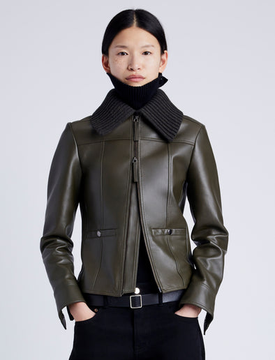 Proenza Schouler Front cropped image of model wearing Vaughn Jacket in Lightweight Leather in DARK FERN