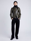 Proenza Schouler Front full length image of model wearing Vaughn Jacket in Lightweight Leather in DARK FERN