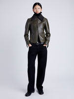 Proenza Schouler Front full length image of model wearing Vaughn Jacket in Lightweight Leather in DARK FERN