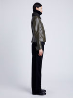 Proenza Schouler Side full length image of model wearing Vaughn Jacket in Lightweight Leather in DARK FERN